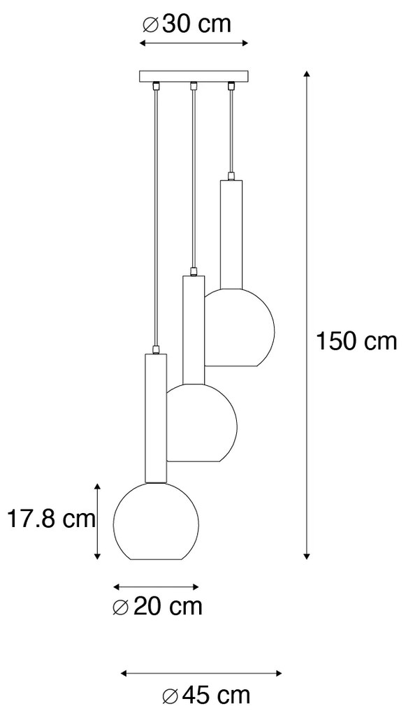 Модерен висящ лампион черен с димно стъкло 3 светлини - Clayton