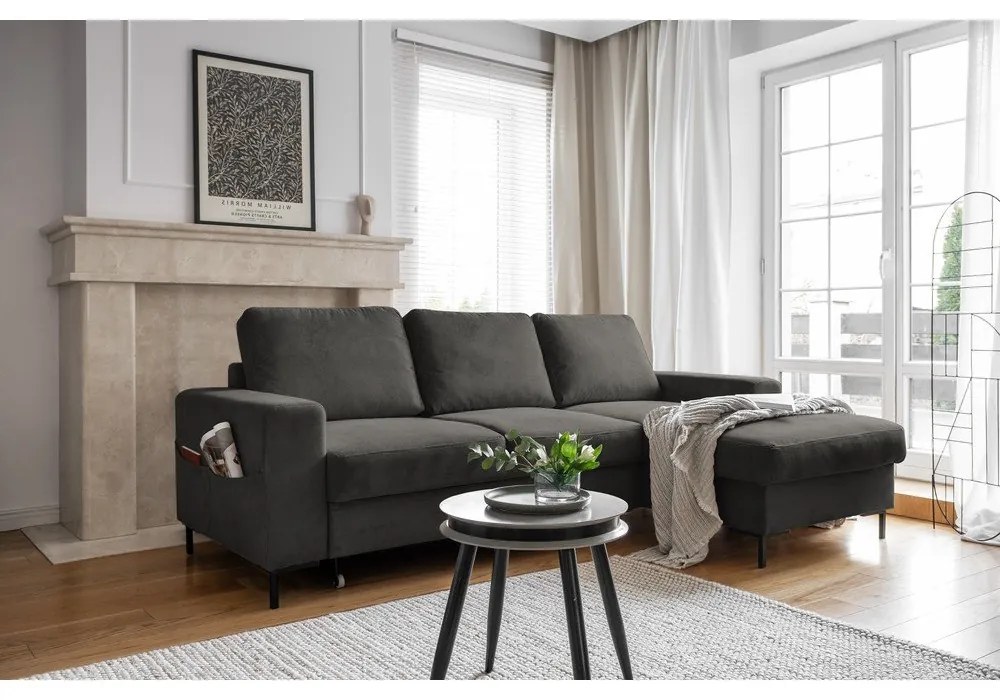 Тъмносив разтегателен ъглов диван от рипсено кадифе (десен ъгъл) Lofty Lilly – Miuform