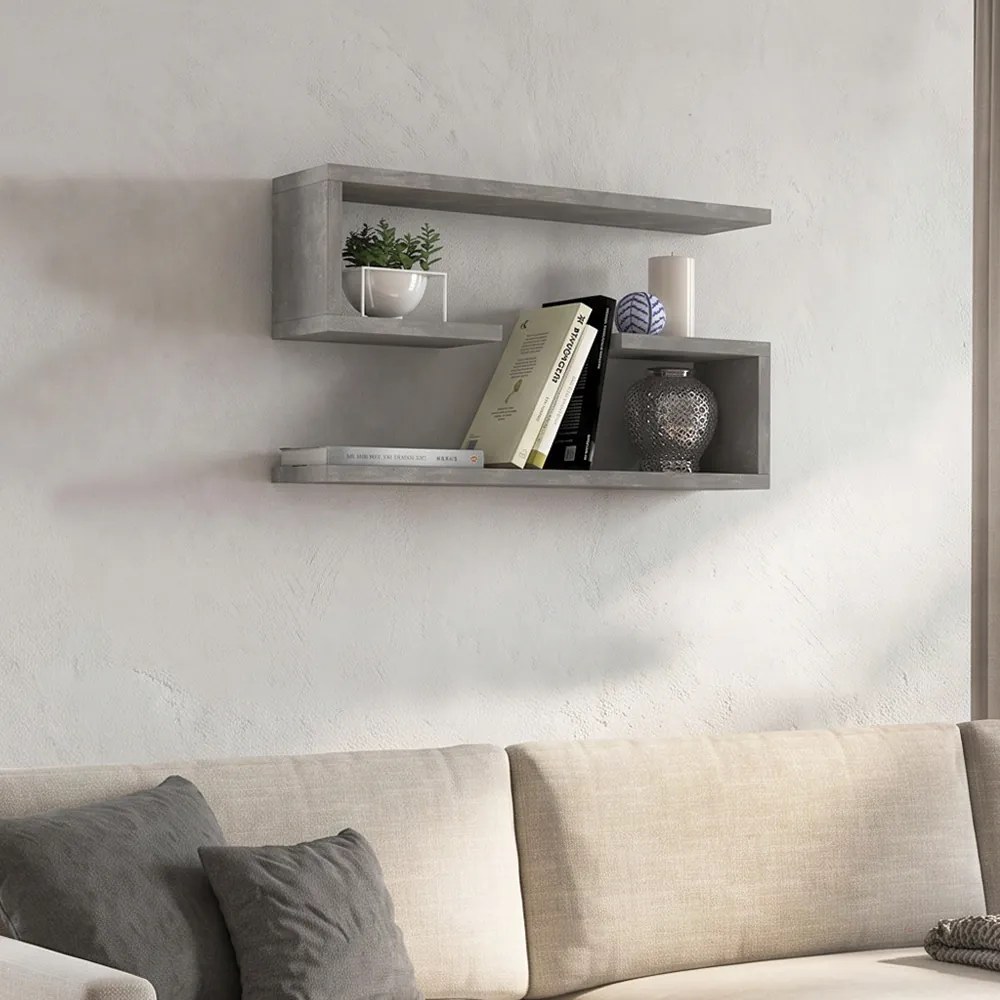 Jenika TopMebel меламинови 2 броя стенни рафтове в цвят бетонно сиво 60x14,5x18cm.