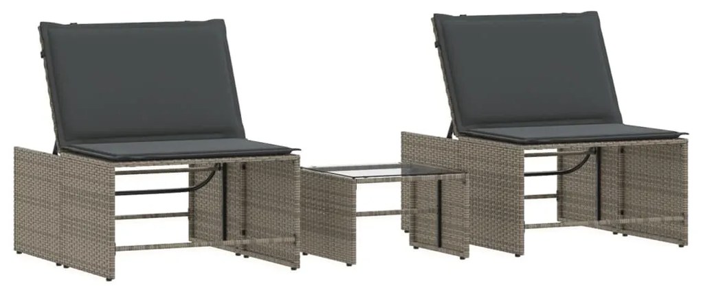 368424 vidaXL Шезлонги, 2 бр. с маса, сиви, полиратан