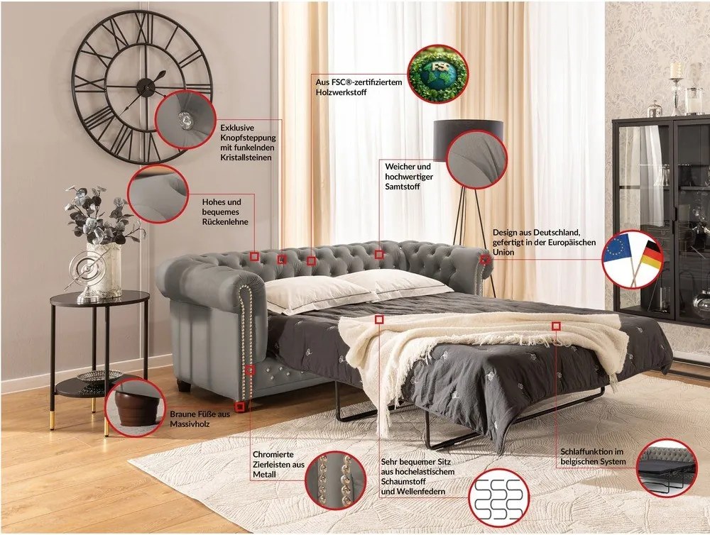 Сив кадифен разтегателен диван 203 cm York Blik – Ropez