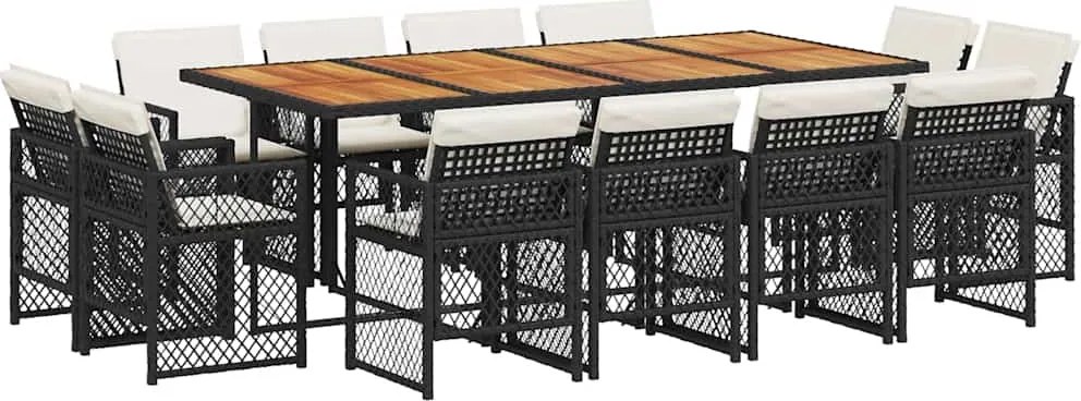 3210867 vidaXL Външен трапезен комплект 13 части с възглавници черен полиратан