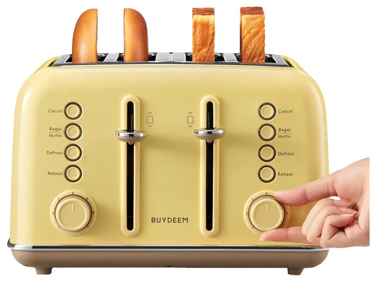 Тостер за хляб BUYDEEM DT640E, 1800W, 4 слота, 7 автоматични програми, 7 степени на препичане, LED индикатори, Тави за трохички, Високо изскачане, Жълт