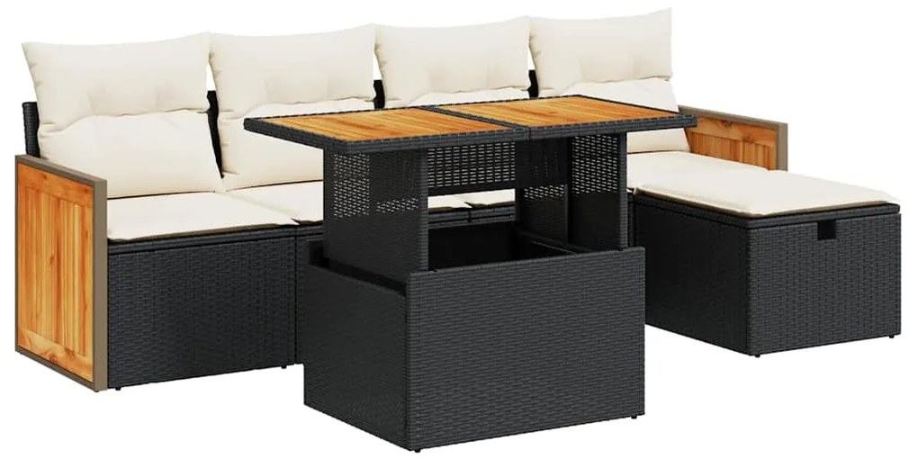 3328148 vidaXL Градински диван с възглавници, 6 части, черен, полиратан