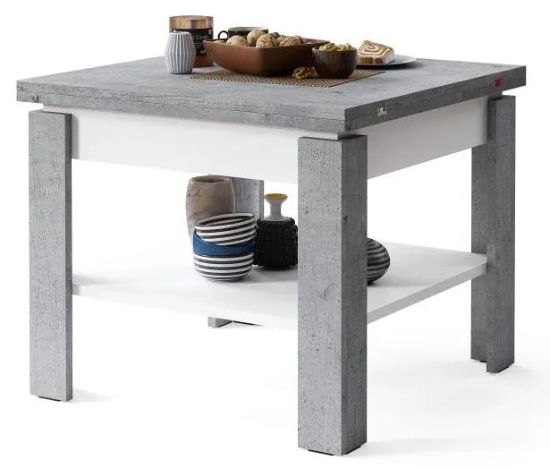 Разтегателна маса LIA с рафт, сив бетон/бял, за кафе и хранене