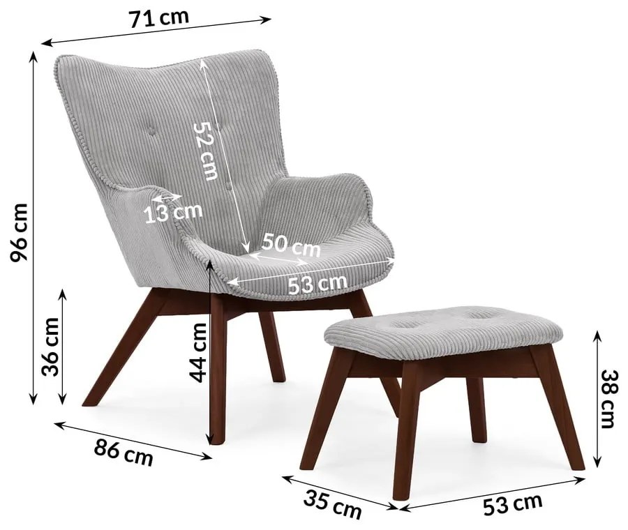 Сив фотьойл с табуретка от рипсено кадифе Niko – Ropez