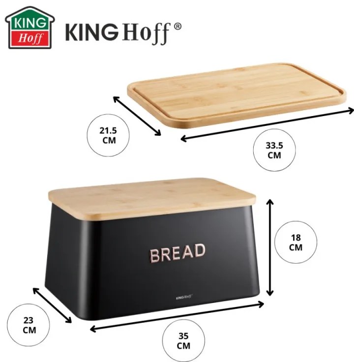 Кутия за хляб с капак за рязане Kinghoff KH 1948, 35 см, Бамбук, Стомана, Черен