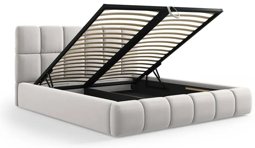 Светлосиво тапицирано кадифено двойно легло с място за съхранение с включена подматрачна рамка 140x200 cm Bellis – Micadoni