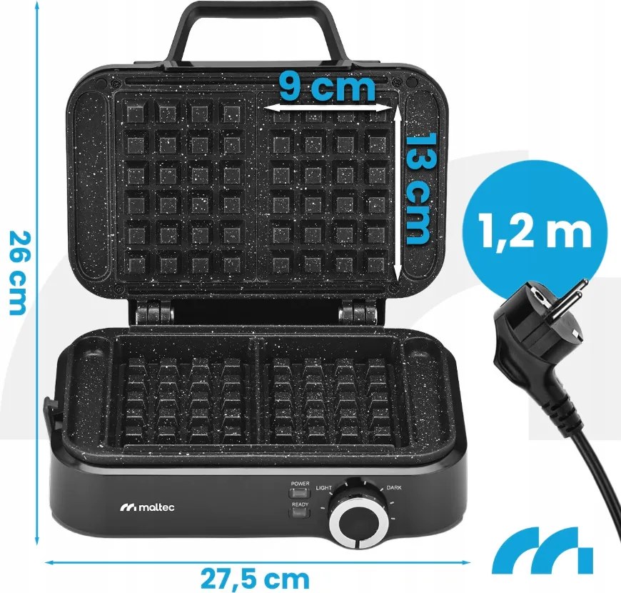 Вафелник MalTec 1200 W – за 2 големи вафли, регулируема температура, мраморна незалепваща повърхност