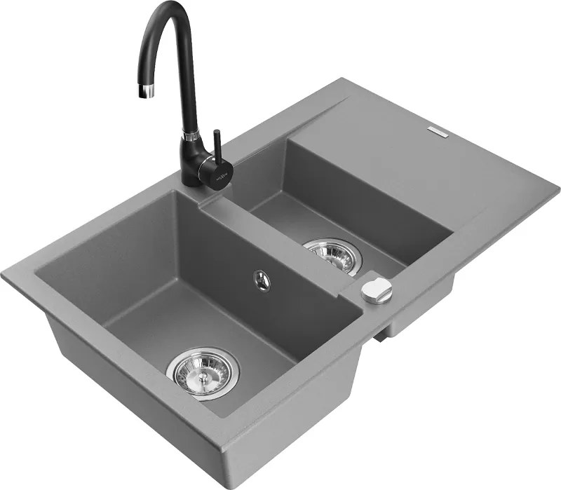 Mexen Gaspar гранитна мивка с 1,5 камери с отцедник и кухненски смесител Telma, сива - 6507-71-670200-70