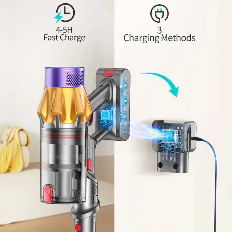 Вертикална прахосмукачка Honiture X7 CJD239, 550W, 45 KPa, 1.5 л, 60 мин, 3 режима, Регулируема височина, HEPA, Тъчскрийн, LED четка, Никел/жълт