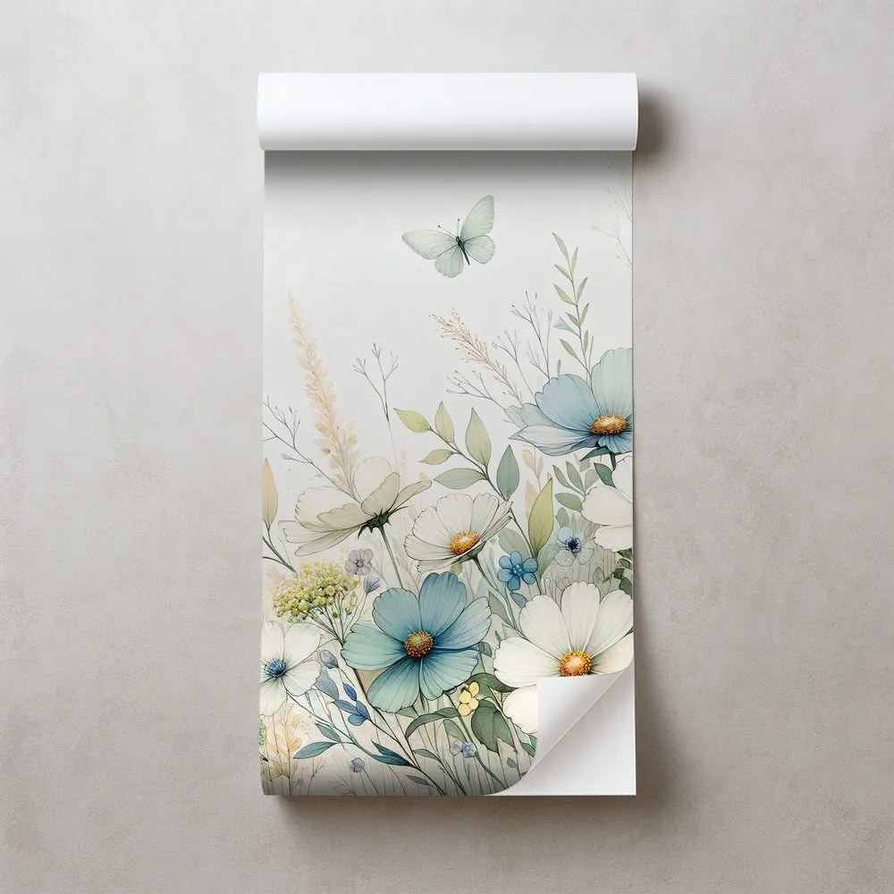 Самозалепващ тапет – Пастелни полски цветя и летящи пеперуди