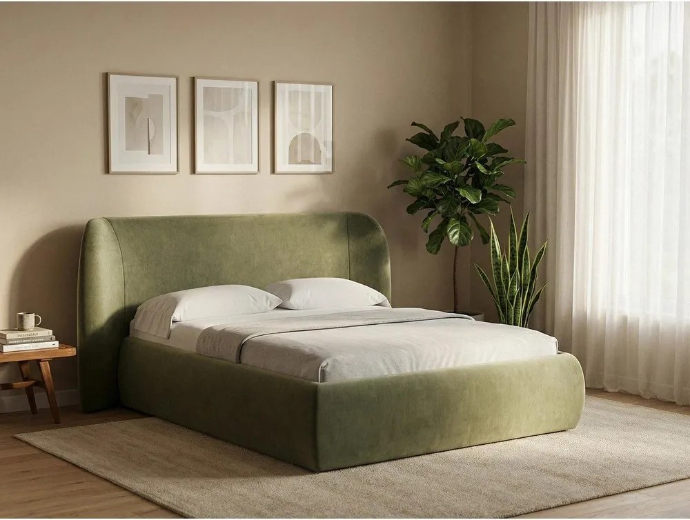 Двойно тапицирано легло с място за съхранение и включена подматрачна рамка 160x200 cm в цвят горчица Hauke – Makamii