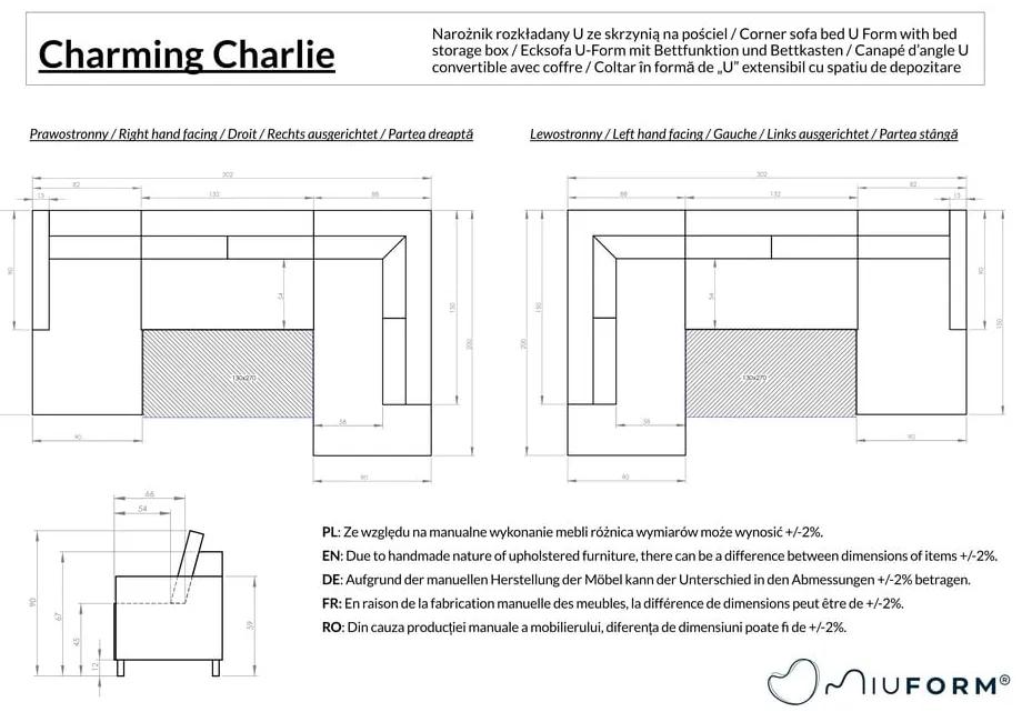 Сив сгъваем ъглов диван (ляв ъгъл/"U" форма) Charming Charlie – Miuform