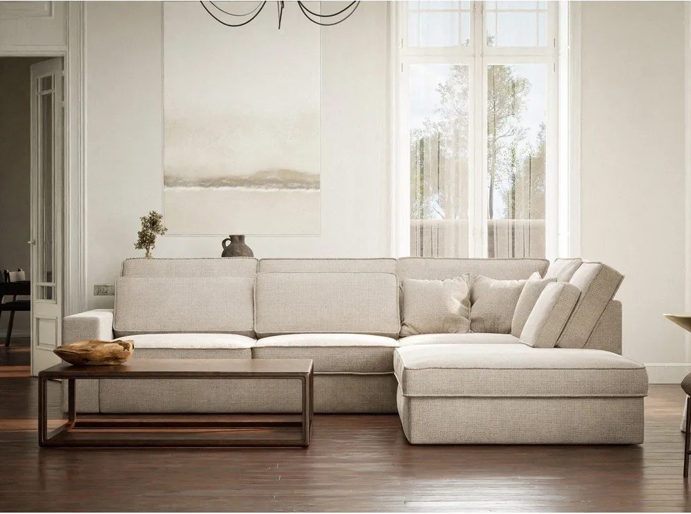 Кремав шенилов ъглов диван (десен ъгъл/L форма) Kirou – Maison de Rêve