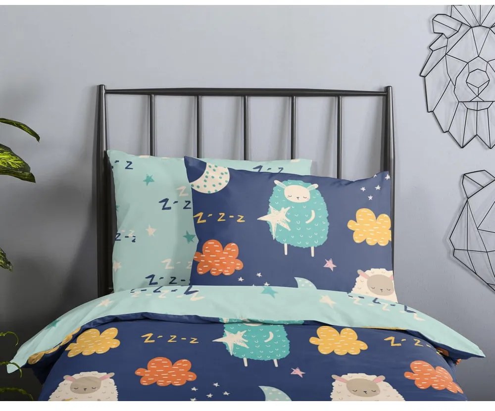 Синьо единично удължено памучно детско спално бельо 140x220 cm Sheep – Good Morning