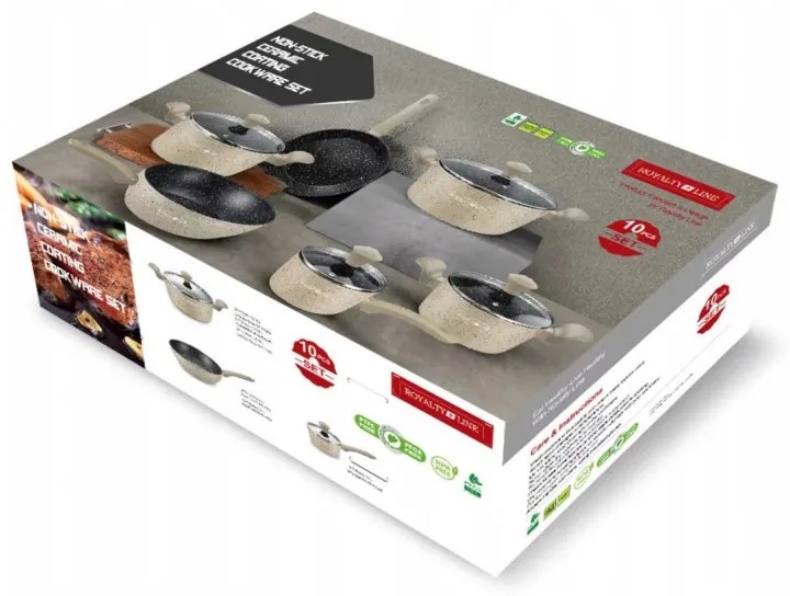 Комплект тенджери и тигани Royalty Line FD10, 10 части, Лят алуминий, Greblon мраморно покритие, Индукция, Бежов