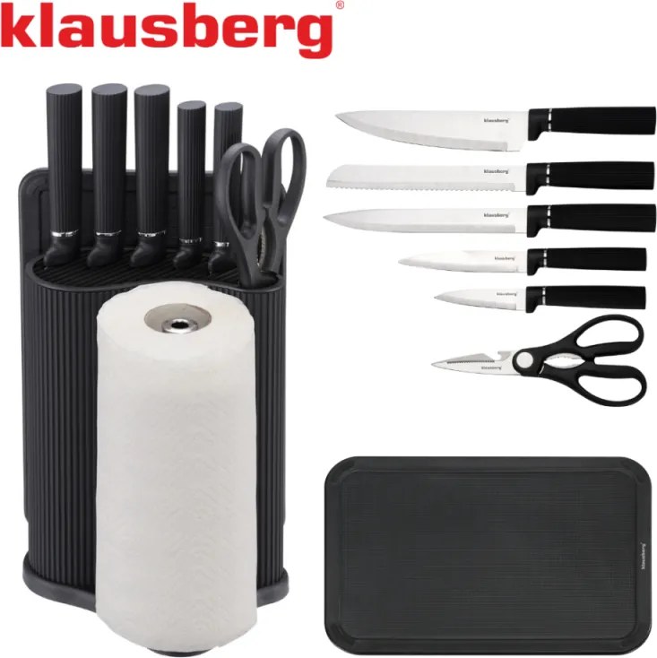 Комплект ножове Klausberg KB 7977, 8 части, Неръждаема стомана, Стойка, Държач за кухненска хартия, Черен