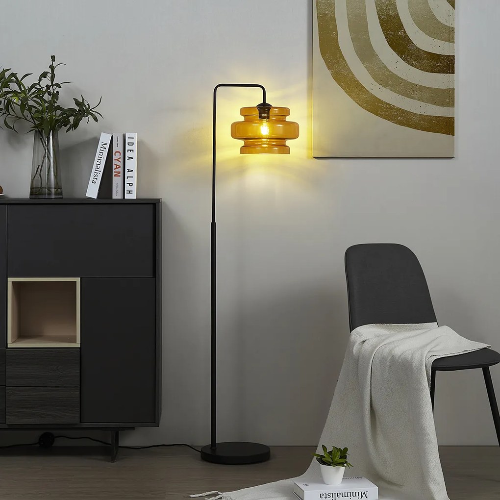 Ретро подова лампа черна с оранжево стъкло - Denise