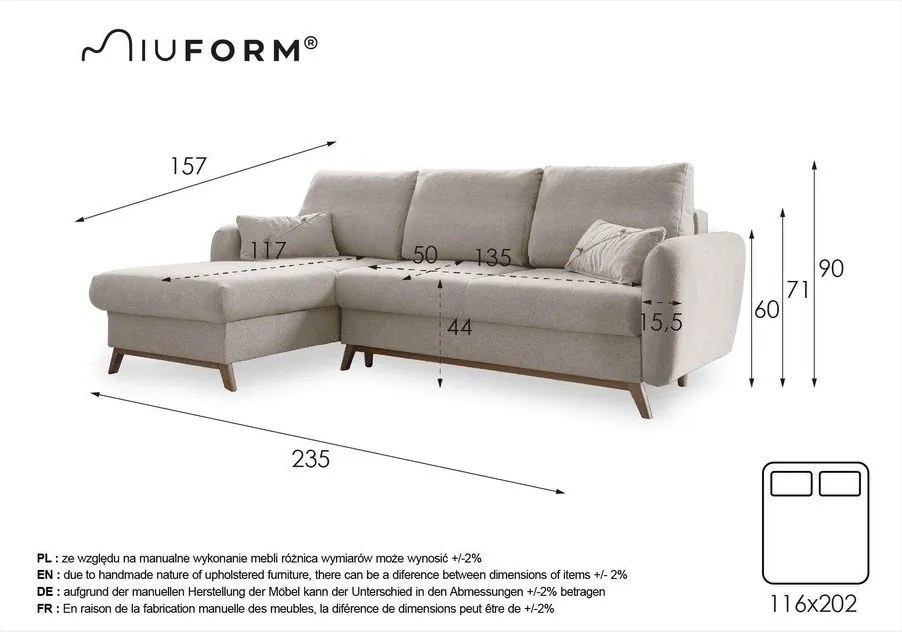 Оранжев ъглов разтегателен диван, ляв ъгъл Scandic Lagom - Miuform