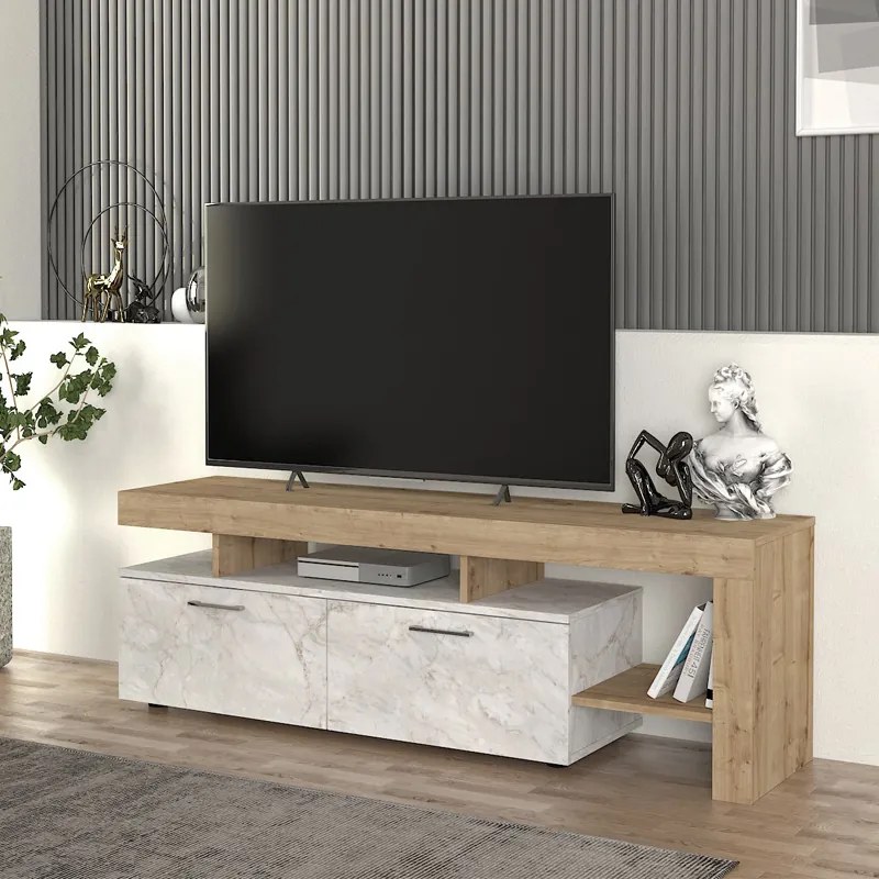 Меламиново ТВ шкафче Acnes в бял мрамор - цвят сапфирен дъб 160x40x53см.