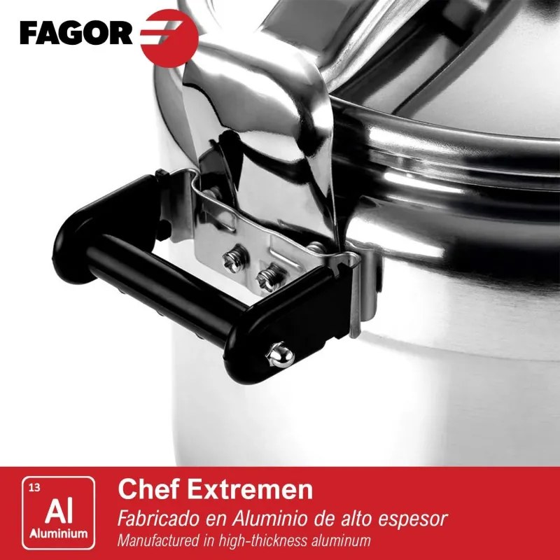 Втора ръка: Тенджера под налягане Fagor Chef Extremen 100602653, 15 л, 30 см, 50 kPa, 3 системи за безопасност, Алуминий, Сребрист
