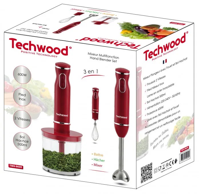 Пасатор, чопър и бъркалка 3в1 Techwood TMS-9605, 600W, 2 скорости, 500ml купа, Червен