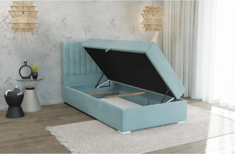 Светлосиньо единично тапицирано легло с място за съхранение с включена подматрачна рамка 100x200 cm Bunny – Ropez