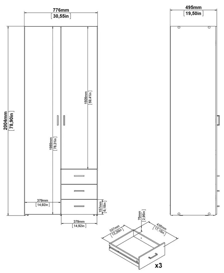 Бял гардероб 78x200 cm Space – Tvilum