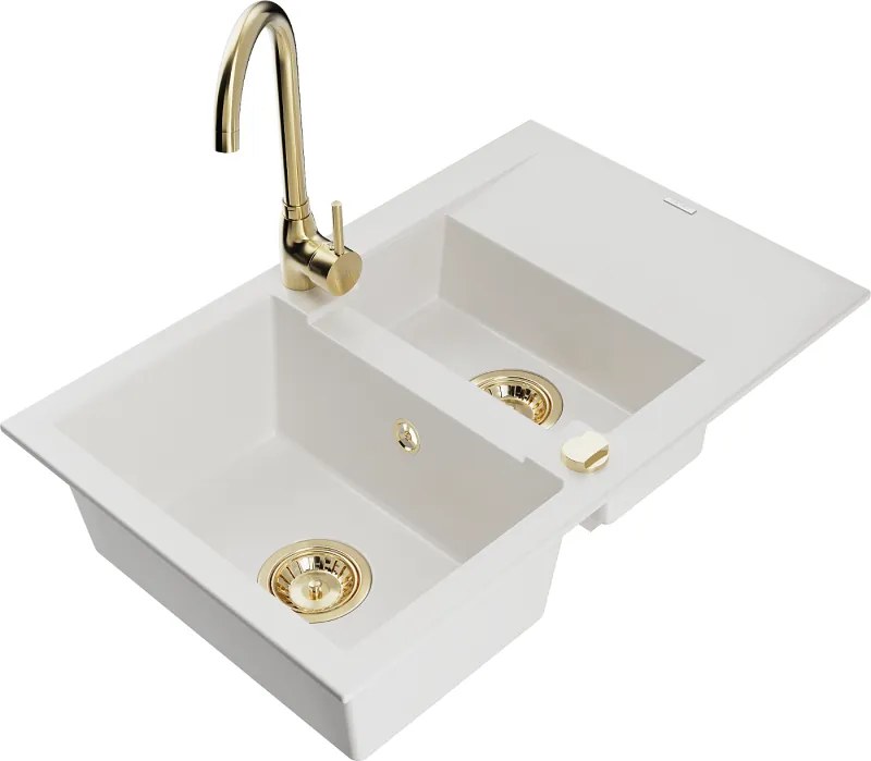 Mexen Gaspar гранитна мивка с 1,5 камери и отцедник и кухненски смесител Telma, бял - 6507-20-670200-50