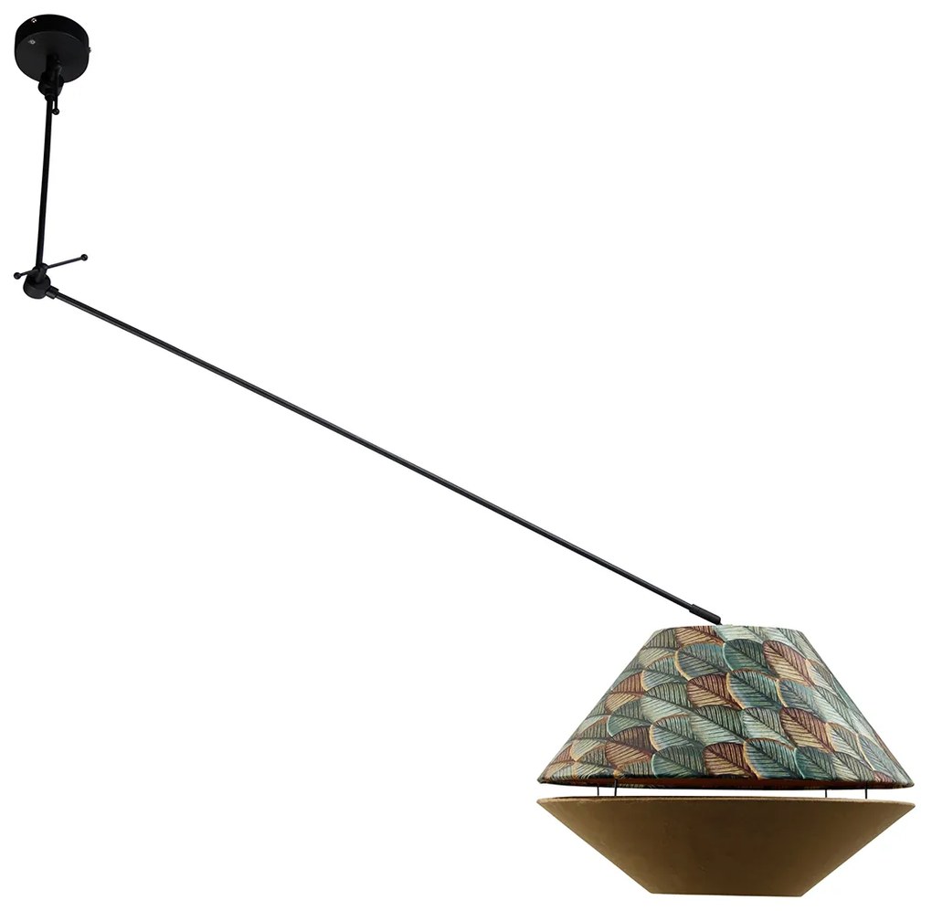 Hanglamp zwart met dubbele velours lampenkap blad dessin en beige - Blitz