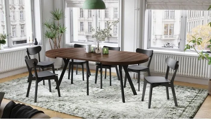 ЕКСПАНСО Кафяв дъб/черни крака - ГОЛЯМА КРЪГЛА МАСА Ø110 РАЗТЕГАТЕЛНА ДО 310 cm С КРАКА Y ЛОФТ/ИНДУСТРИАЛНА