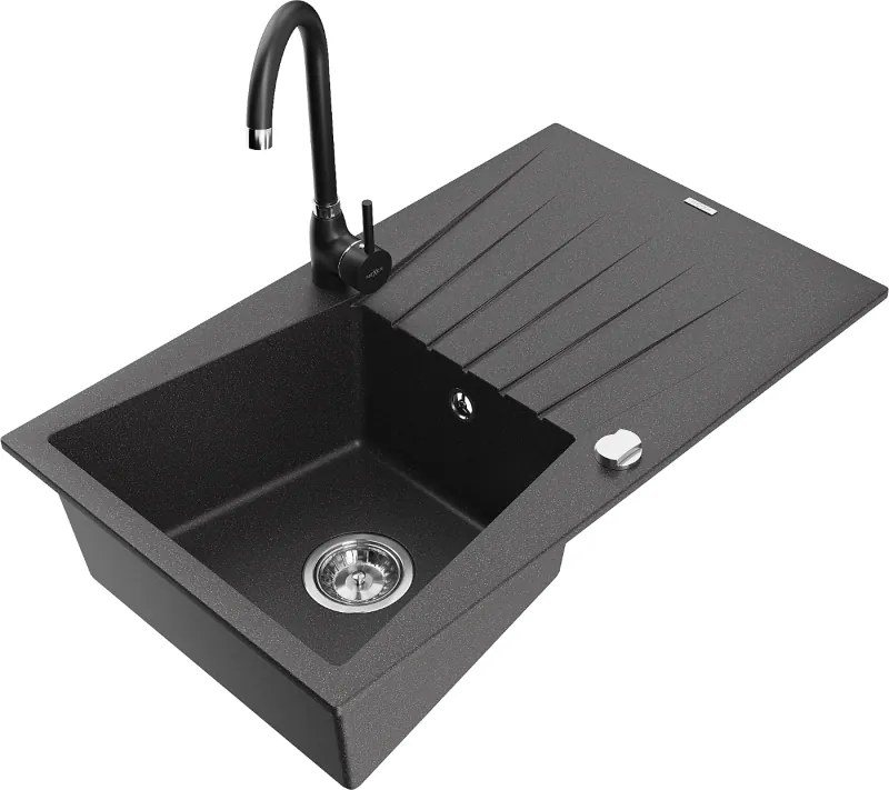 Mexen Cesar гранитна мивка с 1 камера и сушилник и кухненски смесител Telma, черен на петна - 6514-76-670200-70