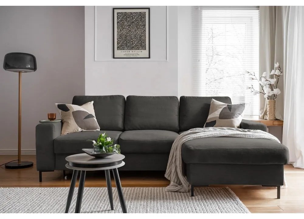 Тъмносив разтегателен ъглов диван от рипсено кадифе (десен ъгъл) Lofty Lilly – Miuform