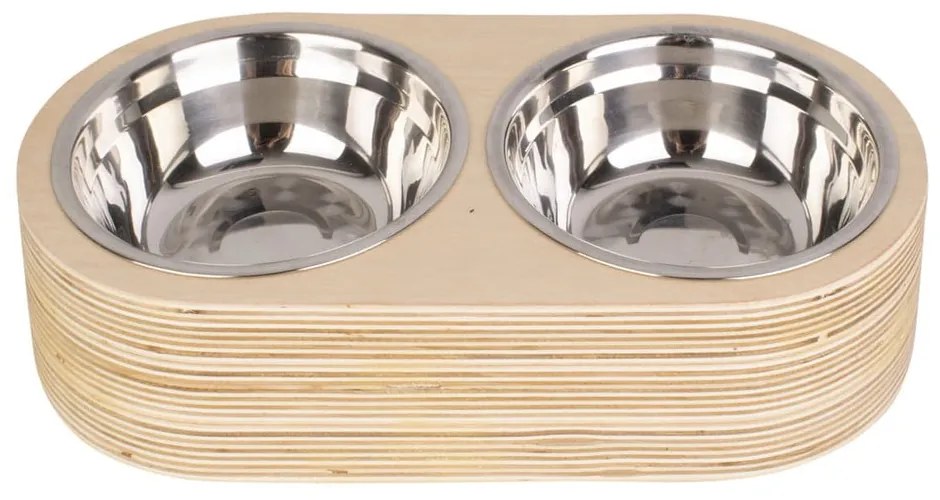 Комплект от 2 метални купички в светла дървена основа Pet, ширина 18 см Dinner Time - PT LIVING