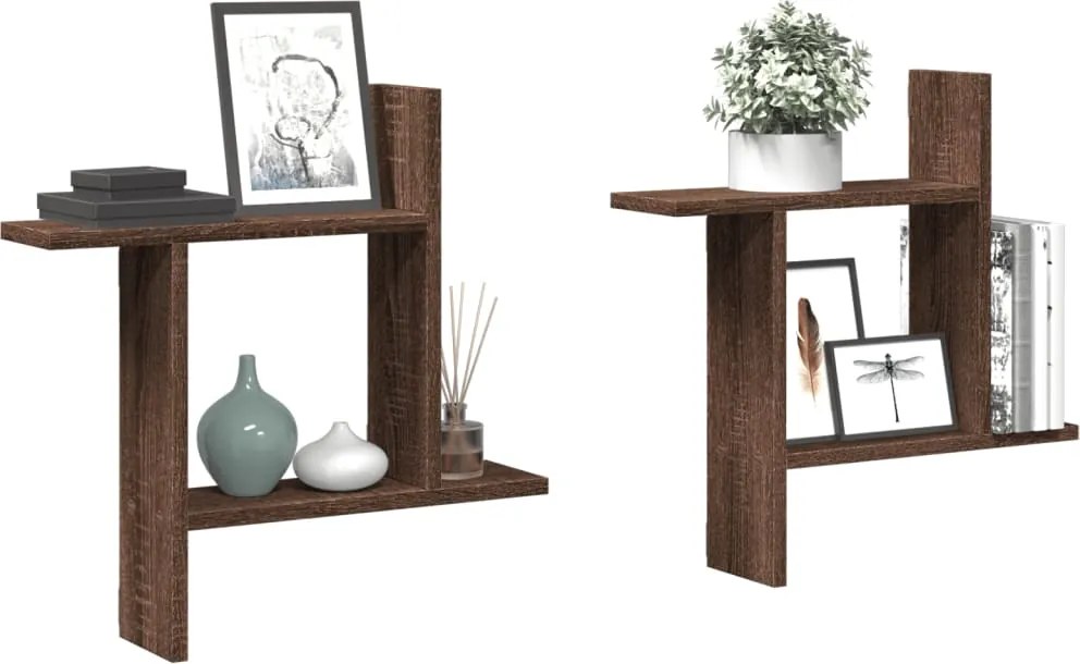 853260 vidaXL Стенни рафтове, 2 бр, кафяв дъб, 50x12x50 см, инженерно дърво