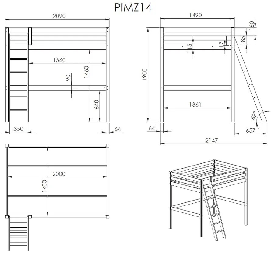 Бяло детско легло със стълба , 140 x 200 cm Pino - Vipack