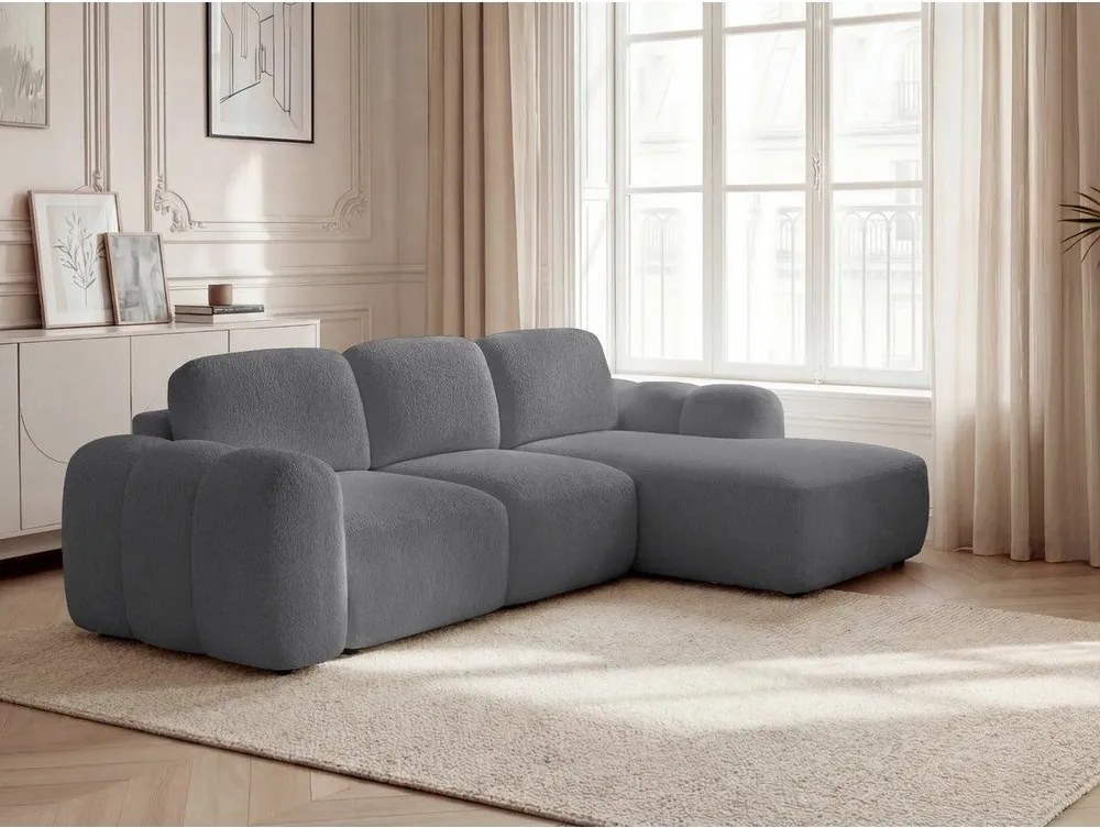 Сив сгъваем/с място за съхранение ъглов диван от прежда с примки от букле (десен ъгъл) Montaigne – Bobochic Paris