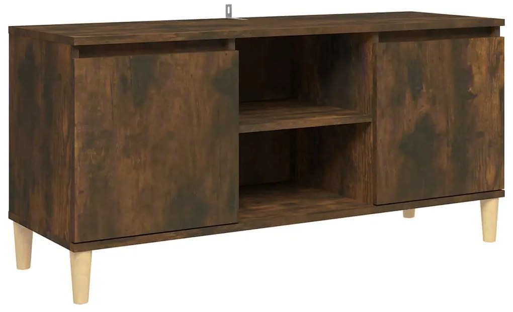 813158 vidaXL ТВ шкаф с крака от масивно дърво, опушен дъб, 103,5x35x50 см