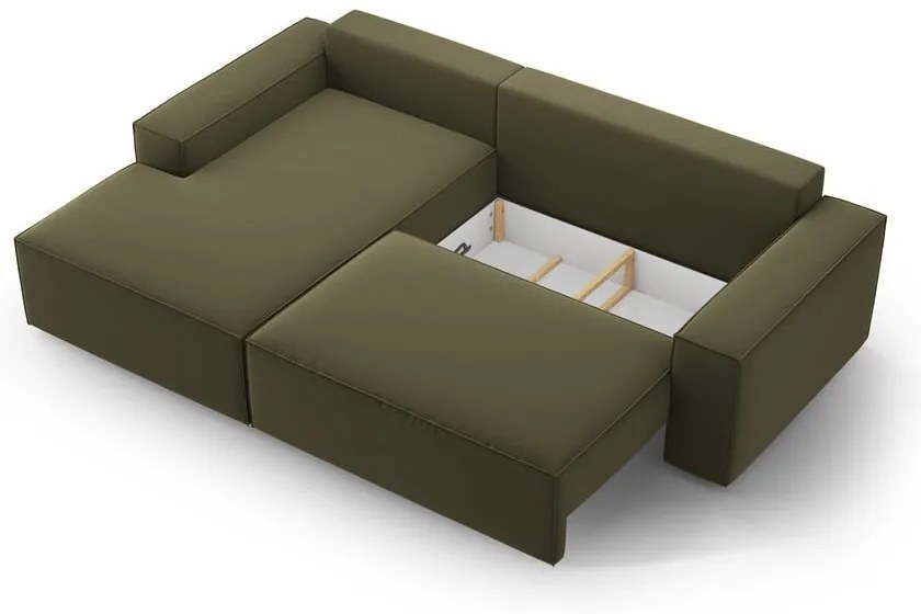 Зелен кадифен сгъваем/с място за съхранение ъглов диван (ляв ъгъл) Jodie – Micadoni