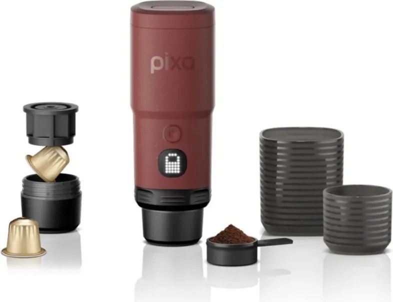 Преносима еспресо машина Wacaco Pixapresso, 20 bar, 9000 mAh, 120 мл, Мляно + капсули, LED тъч контрол, Червен