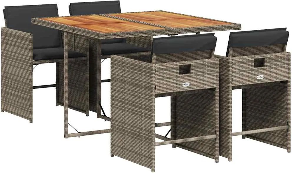 3211082 vidaXL Градински трапезен комплект 5 части с възглавници сив полиратан