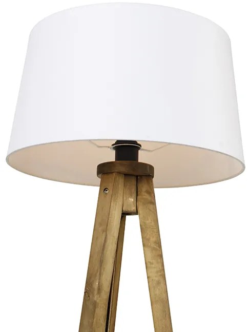 Ръстична триножна винтидж лампа от дърво с бял ленен абажур 45 см - Tripod Classic