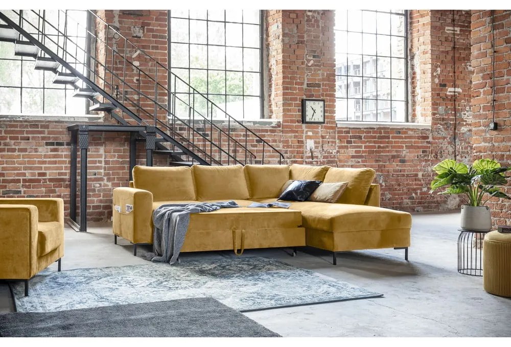 Жълт кадифен разтегателен ъглов диван (десен ъгъл) Lofty Lilly – Miuform