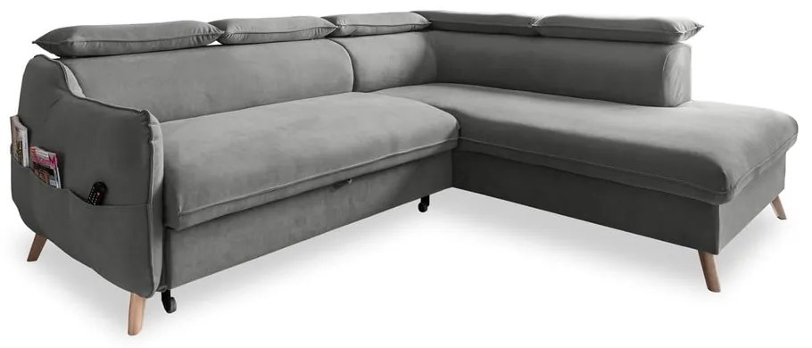 Ъглов разтегателен диван от светлосиво кадифе (десен ъгъл) Sweet Harmony - Miuform