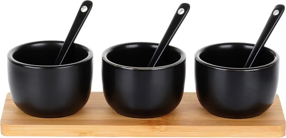 Комплект от 3 керамични купи с лъжици върху бамбуков поднос, 22x7x6см, черни