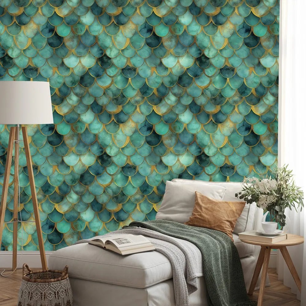 Тапет – Зелени морски люспи със златен оттенък