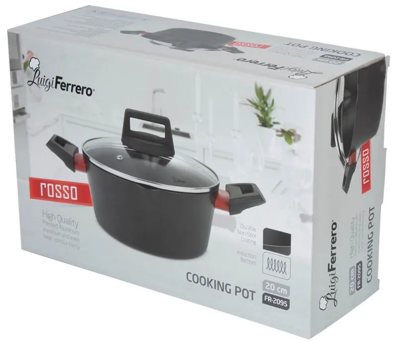 Тенджера Luigi Ferrero Rosso FR-2095 20x9.5cm, 2.2л, Незалепващо покритие, Стъклен капак с отвор за пара, Индукция, Черен