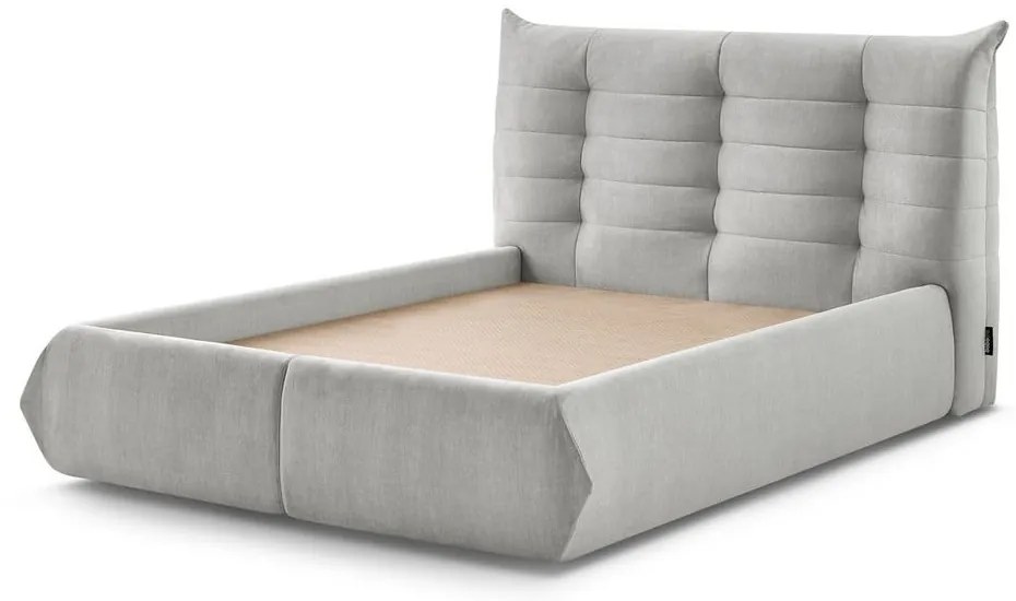 Светлосиво тапицирано двойно легло с място за съхранение с решетка 160x200 cm Clothilde - Bobochic Paris