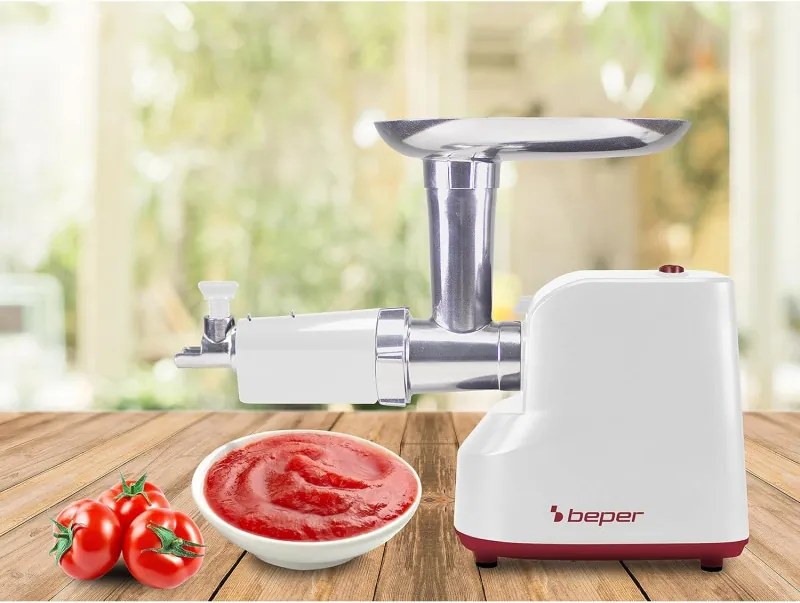 Месомелачка с приставка за домати Beper P102ROB200, 1200W, 3 ножа, ABS, Обратна функция, Бял